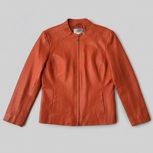 KEMP‎ COLLECTION Women's Orange Leather Jacket Mandarin Collar Zip Front Size 12